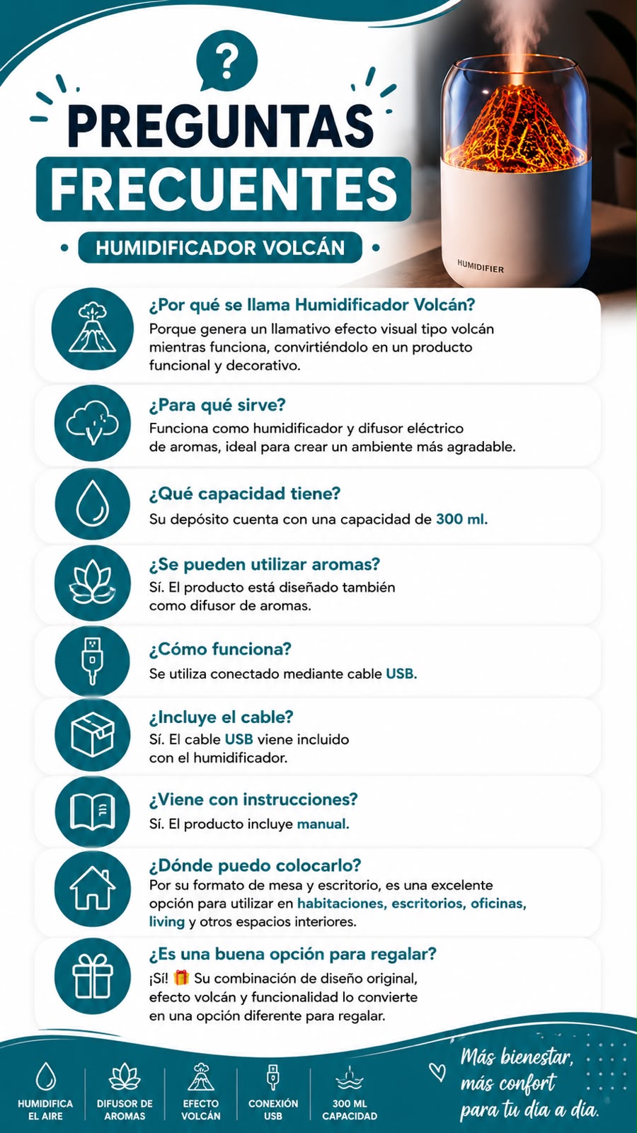 Humidificador Volc&aacute;n con efecto de vapor